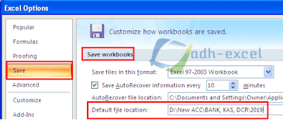 mengubah default lokasi penyimpanan file excel