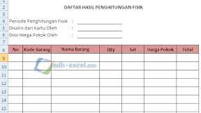 Contoh Form Daftar Hasil Penghitungan Fisik atau Inventory Summary Sheet di Excel