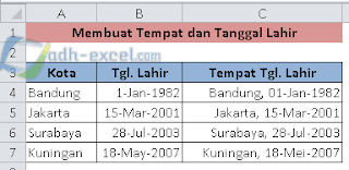 Menggabungkan Tempat Tanggal Lahir dari Cell yang berbeda